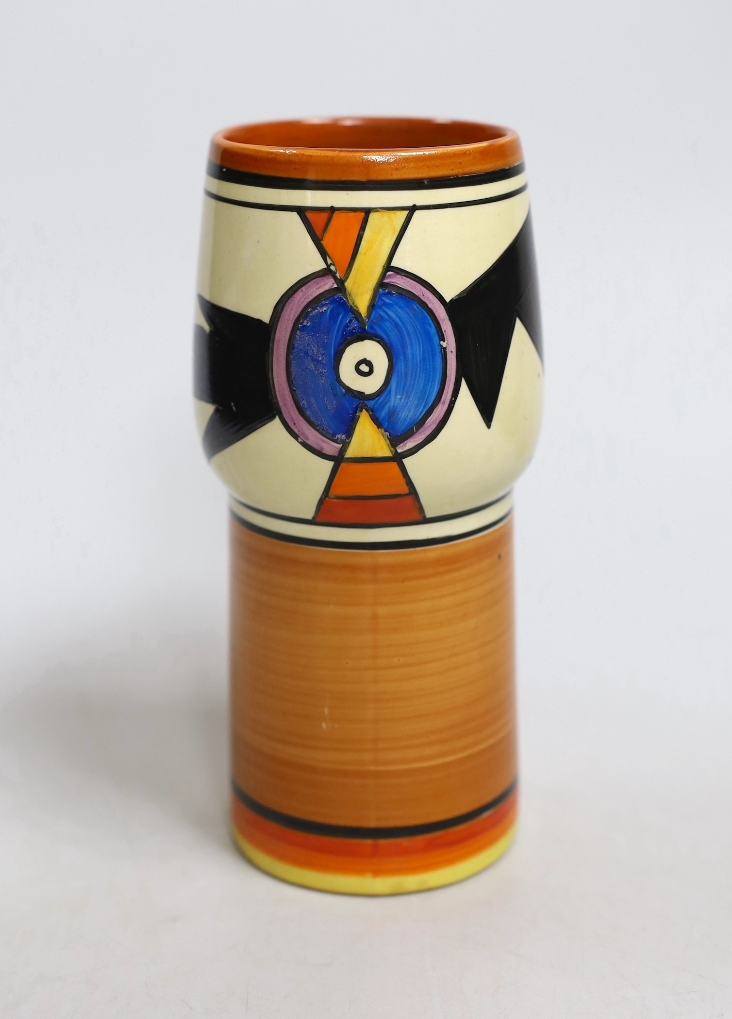 An early Clarice Cliff Bizarre Lightening-pattern vase, 18cm
